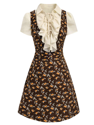 2PCS 1960s Victorian Ruffled Blouse & Corduroy Floral Dress front view