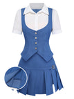 Blue school uniform with vest and skirt on a white background