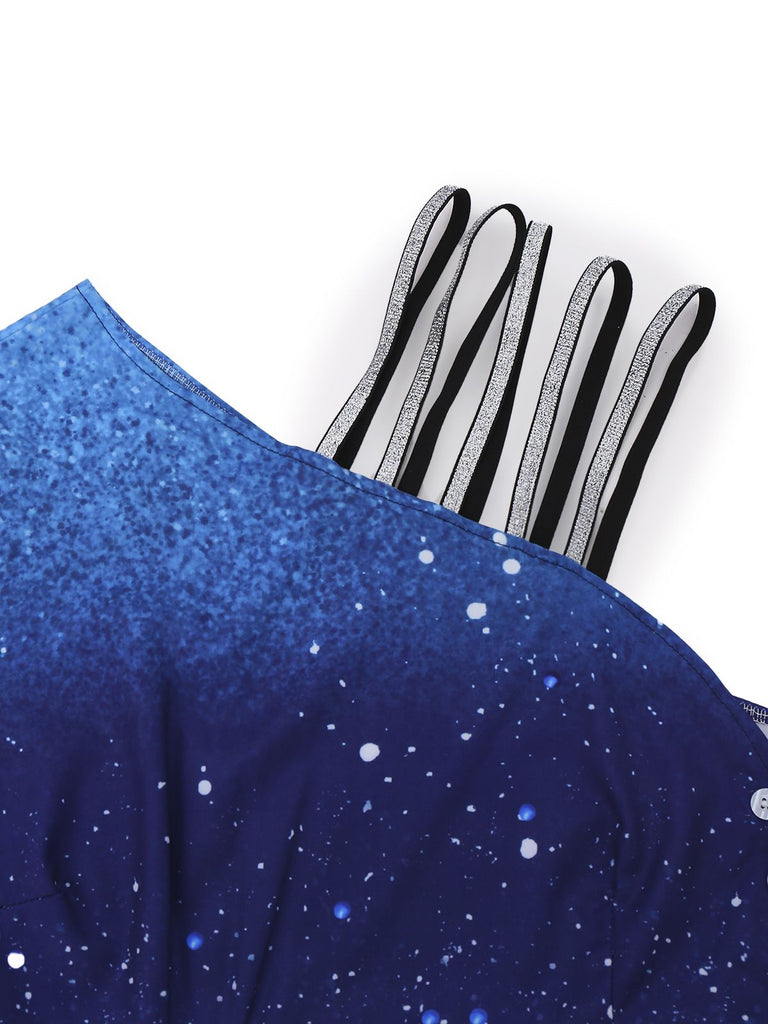 Blue shirt with white speckles on a white background