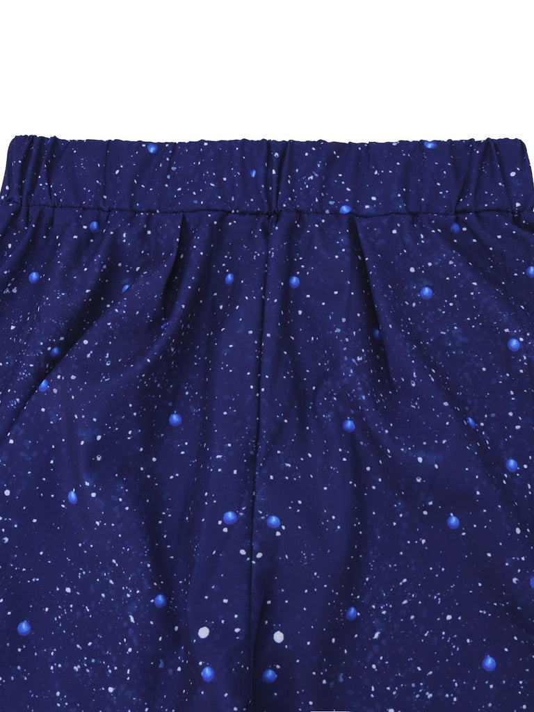 Navy blue shorts with a star pattern on a white background