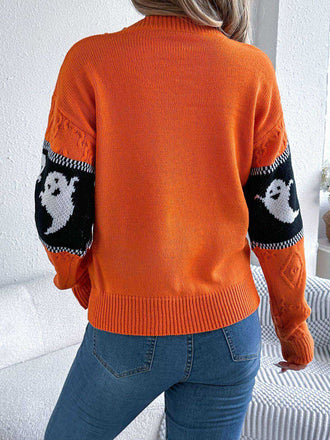 Pull orange en tricot fantôme d'Halloween des années 1940