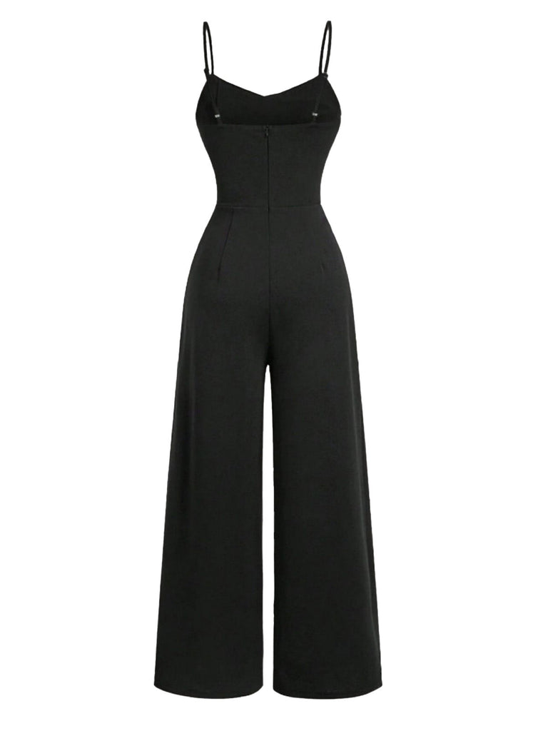 Combinaison noire à col bénitier et empiècements en dentelle transparente années 1950