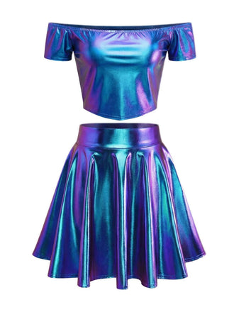 2PCS Haut disco bleu métallisé à épaules dénudées et jupe plissée années 70