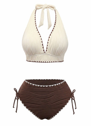 Ensemble bikini côtelé beige et marron dos nu et taille haute années 50