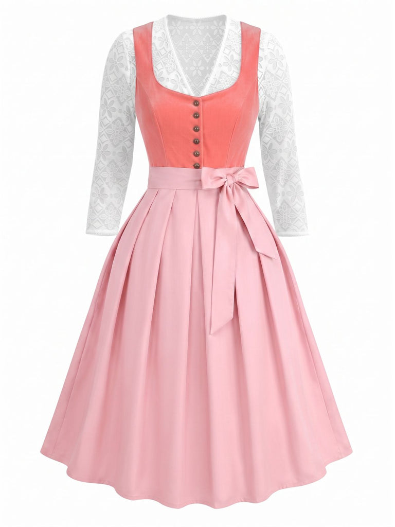 Robe en Velours à Col Cœur et Tablier et Top en Dentelle Rose Années 1950