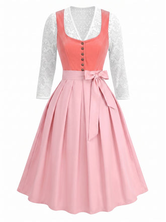 Robe en Velours à Col Cœur et Tablier et Top en Dentelle Rose Années 1950