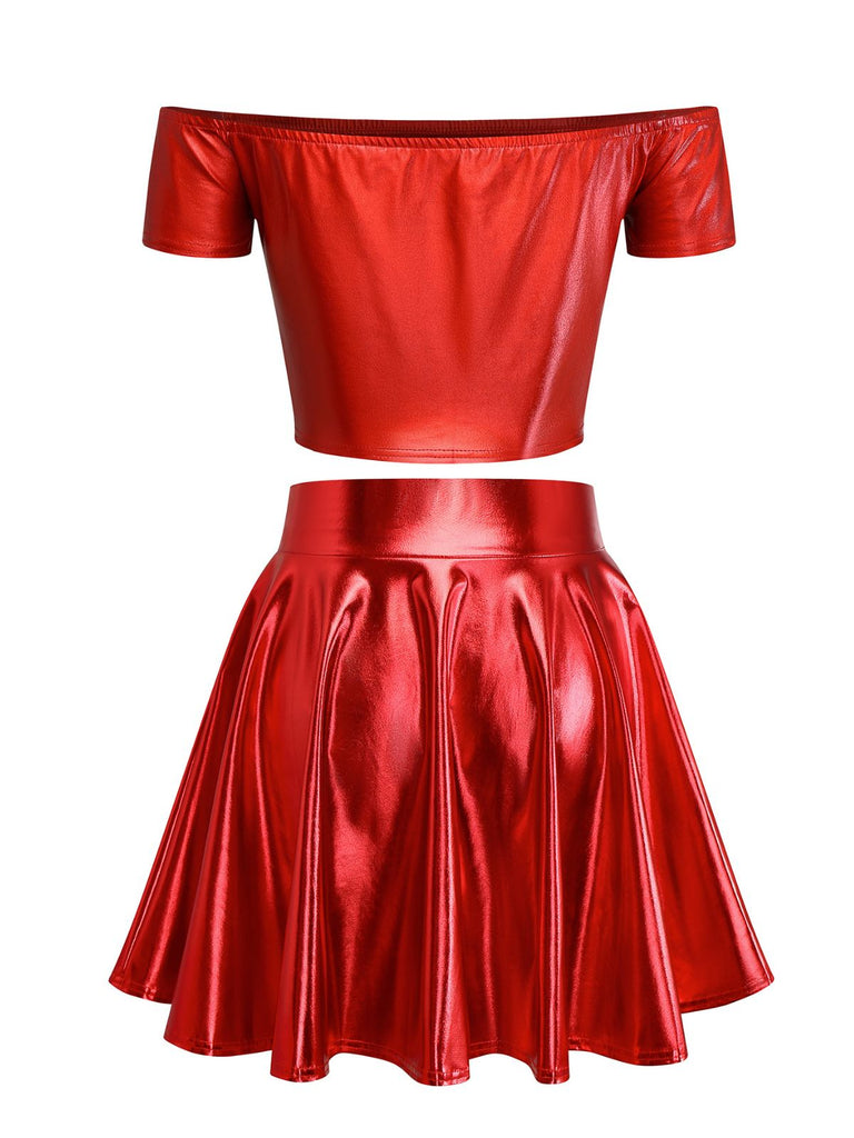 2PCS Haut disco métallisé à épaules dénudées et jupe plissée années 70