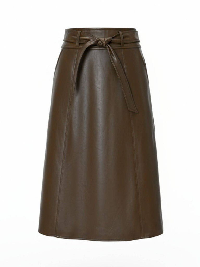 Jupe midi taille haute en cuir marron des années 1980
