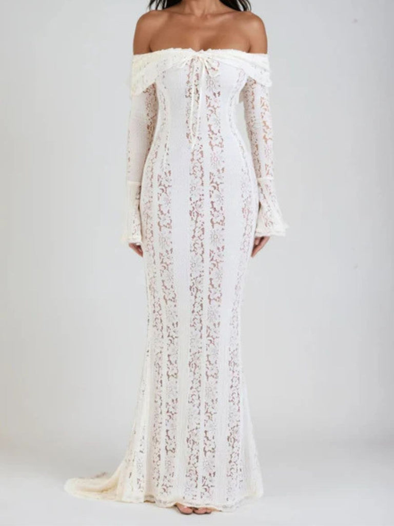 Robe sirène maxi en dentelle à épaules dénudées et manches évasées années 1930