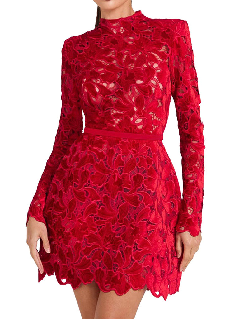 Robe col roulé mi-long en dentelle florale floquée années 1960