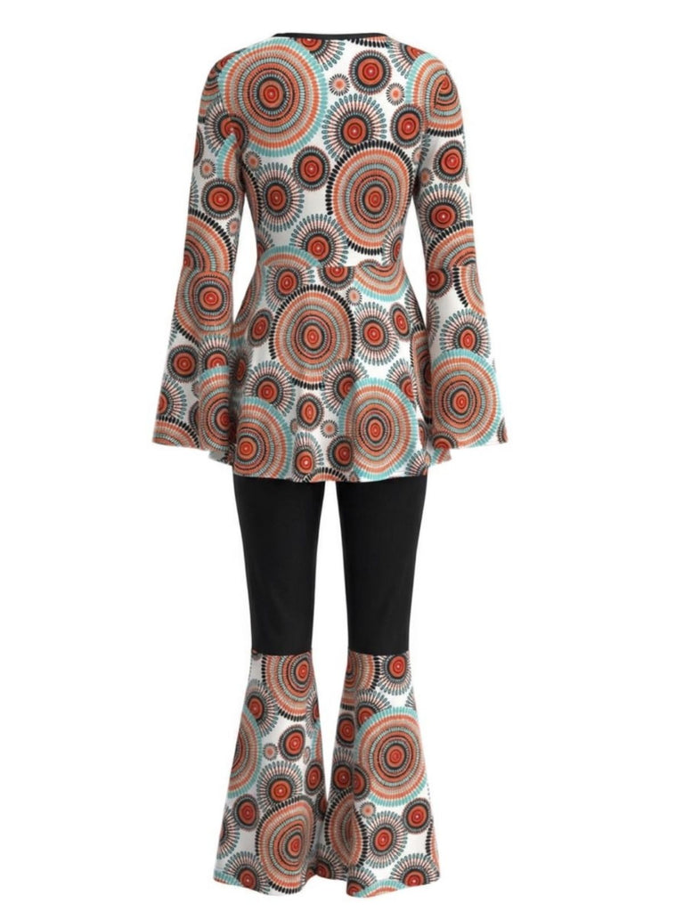 2PCS Haut à manches cloche et pantalon évasé hippie années 1970