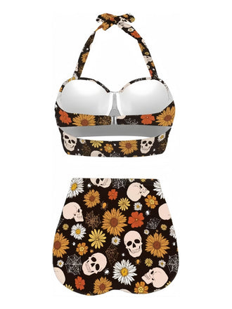 Maillot de bain dos nu à lacets imprimé floral noir des années 1950