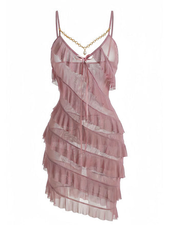 Robe de nuit à bretelles de volants ornée de perles des années 1960