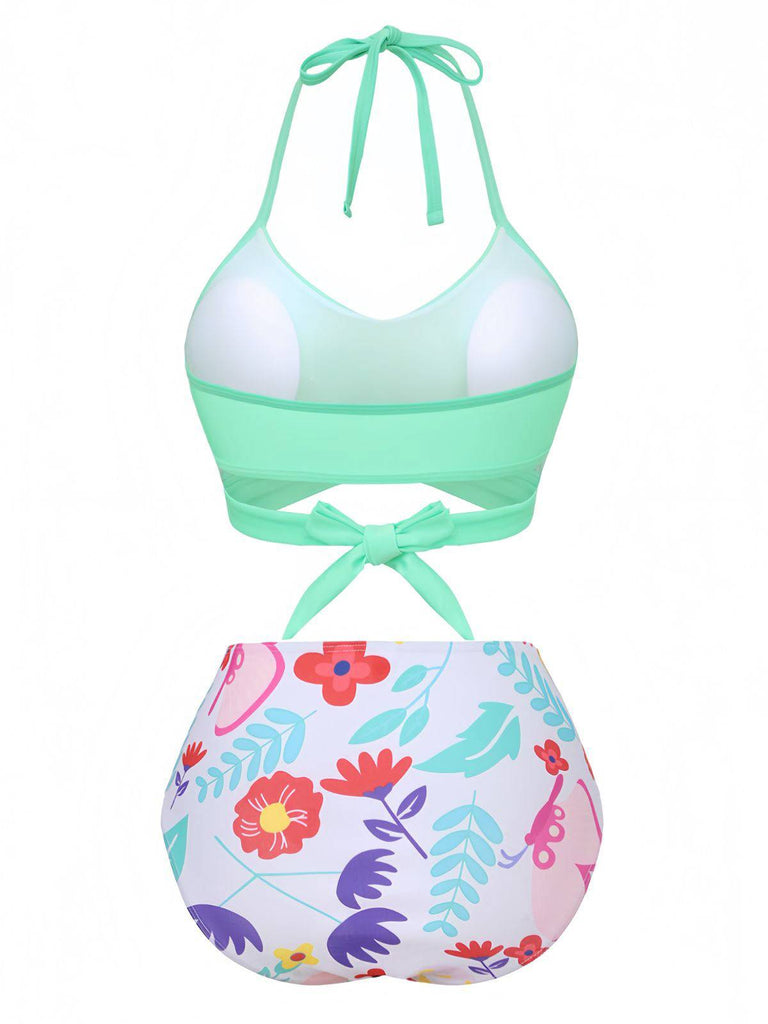 Maillot de bain bikini taille haute à fleurs vert menthe années 1940