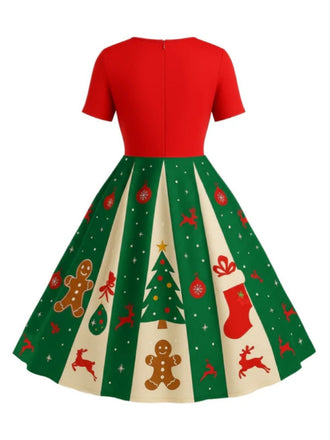 [Pré-vente] [Grande taille] Robe trapèze rouge et verte motif flocon de neige des années 1950