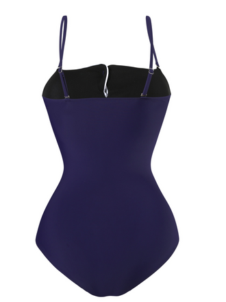 Maillot de bain une pièce bleu foncé à bretelles boutons années 1940