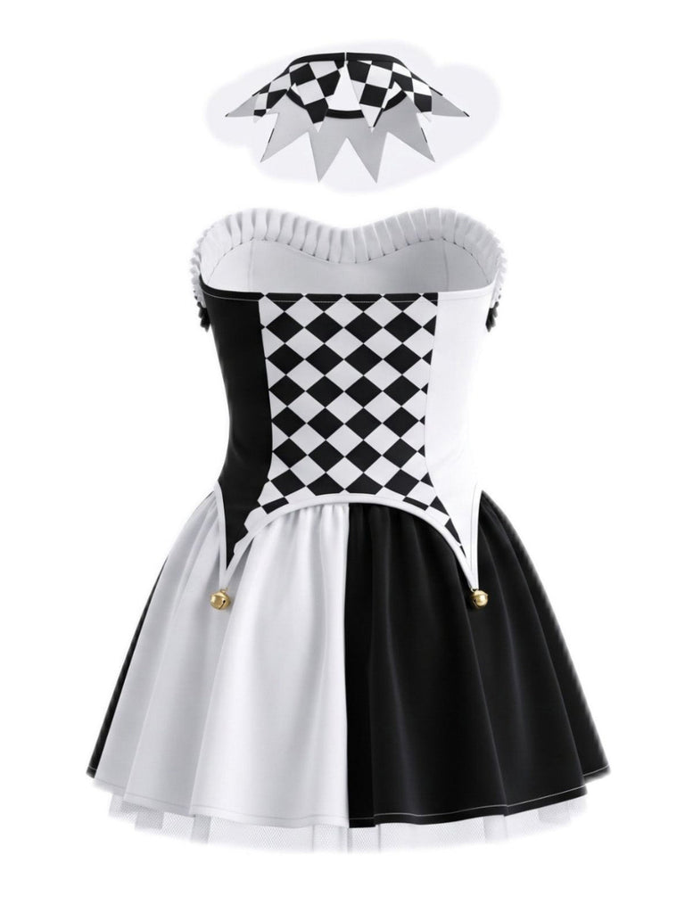 Robe corset noire et blanche de déguisement arlequin Années 1980 - 2