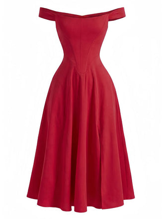 Robe rouge unie épaules dénudées et fente style sirène années 1950