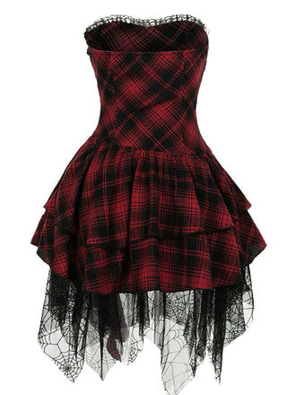 Robe bustier rouge en maille tartan des années 1970