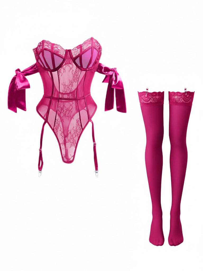 [Prévente] Ensemble pyjama body à nœud papillon uni avec bas assortis années 1980