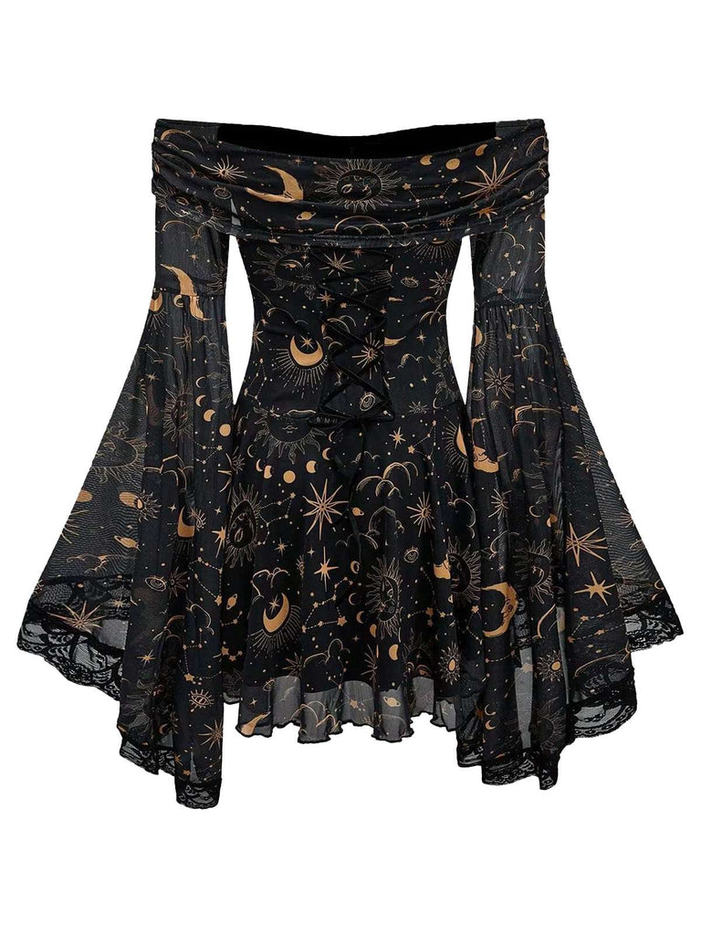 Robe à épaules dénudées manches cloche motif étoile lune et soleil années 80