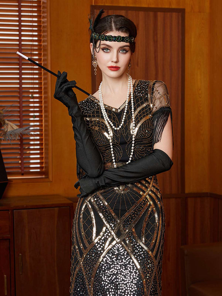 Robe longue à sequins dorés col en V et pompons années 1920