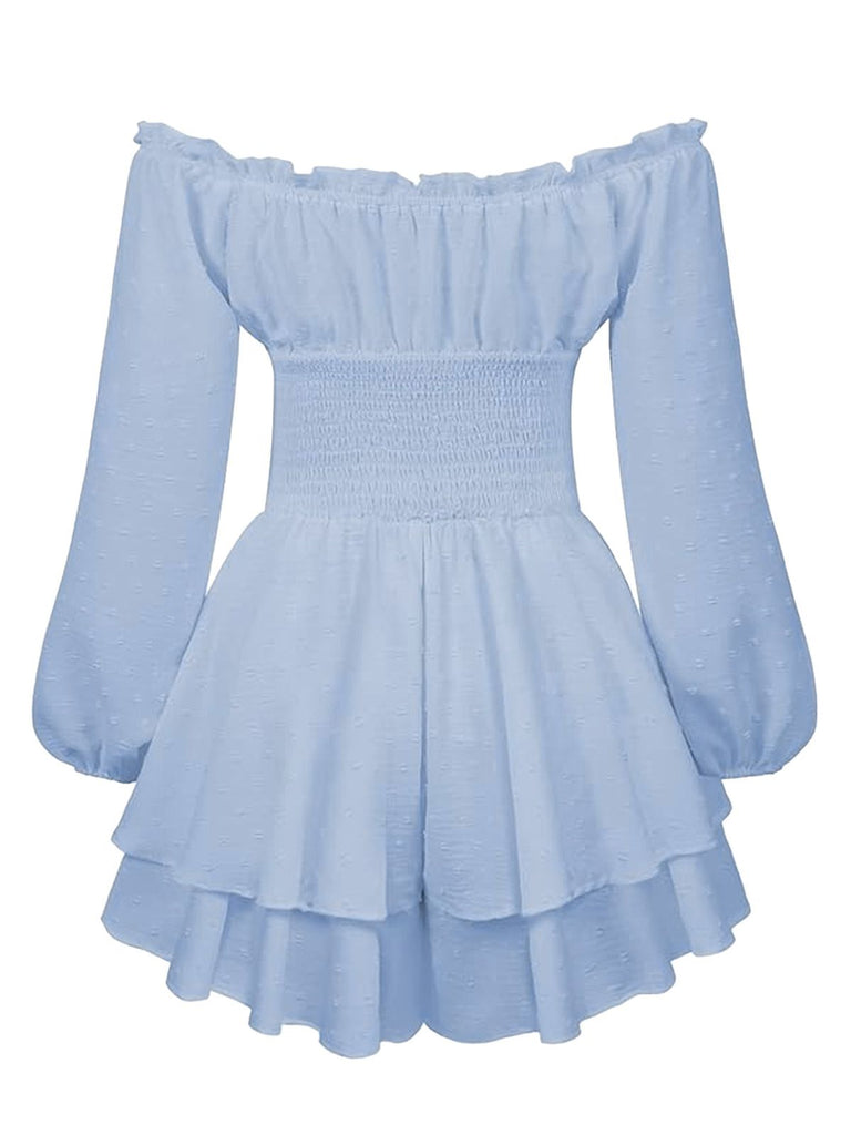Robe courte unie épaules nues manches longues froncées 1950s