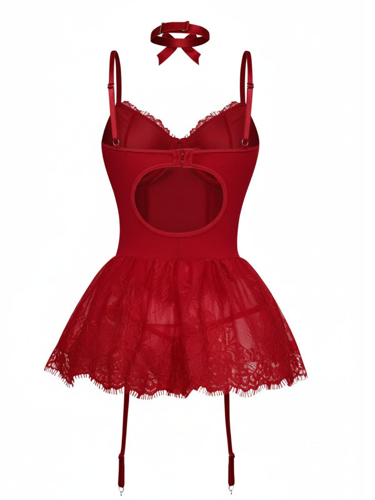 Ensemble body corset orné de dentelle des années 1960