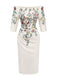 Robe beige moulante à fleurs et épaules dénudées années 1960