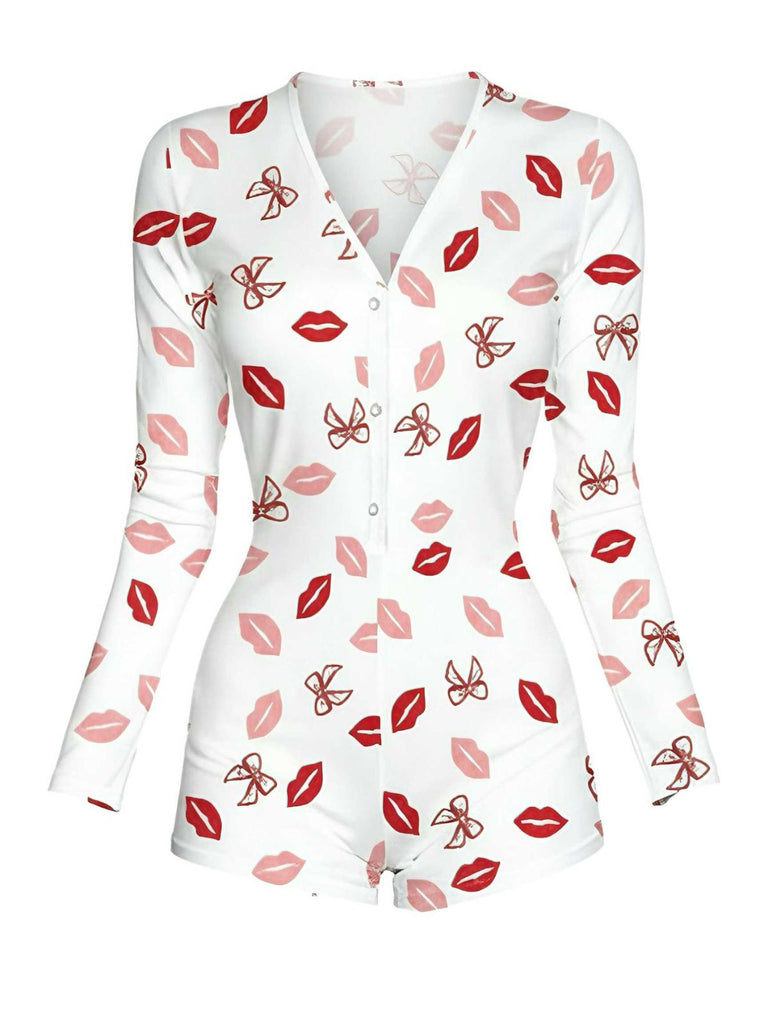 Combinaison pyjama col en V et imprimé cœur années 80