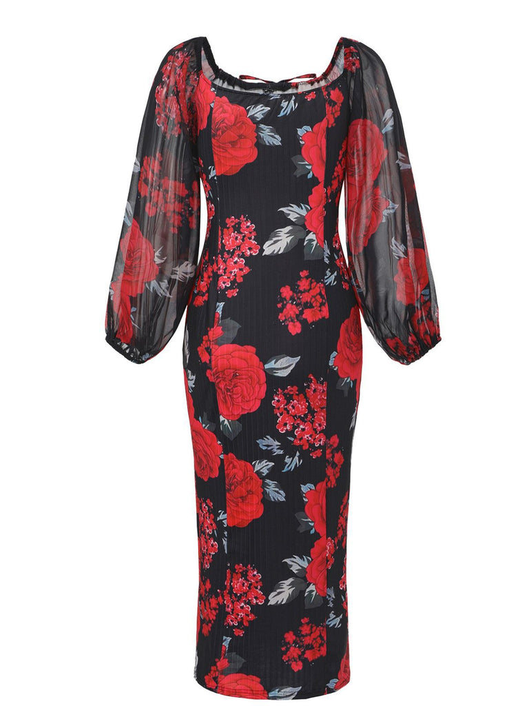 Robe moulante fleurs style thé français épaules dénudées années 1960