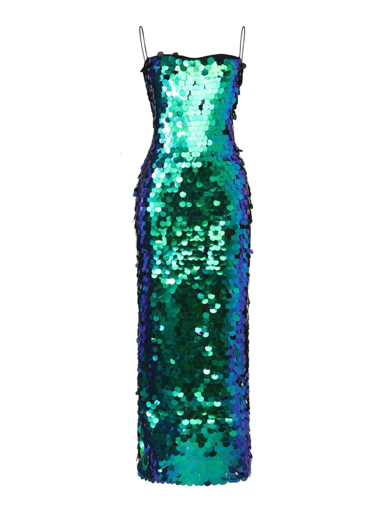 Robe de soirée verte sequins et fines bretelles style années 1920