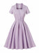 Robe Évasée Boutonnée Col Carré À Carreaux Violette Année 1950
