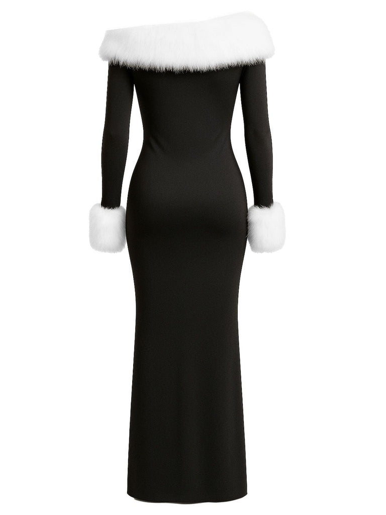 Robe maxi noire à une épaule et bordure en fourrure années 1980