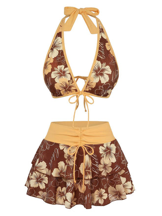 Bikini marron imprimé floral volanté années 1960