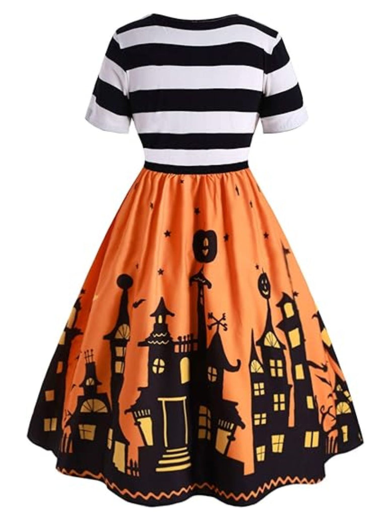 [Prévente] Robe d'Halloween rayée à imprimé citrouille et maison hantée années 1950