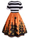 [Prévente] Robe d'Halloween rayée à imprimé citrouille et maison hantée années 1950