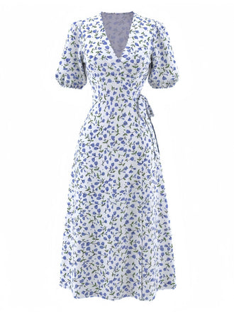 Robe midi fendue manches bouffantes col V et floral bleu années 50