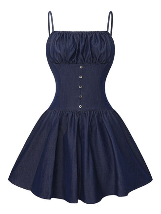 Mini-robe froncée bleue à bretelles spaghetti années 1960