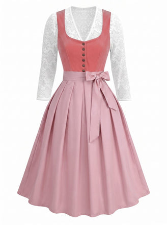 Robe en velours rose décolleté cœur tablier et haut en dentelle années 50