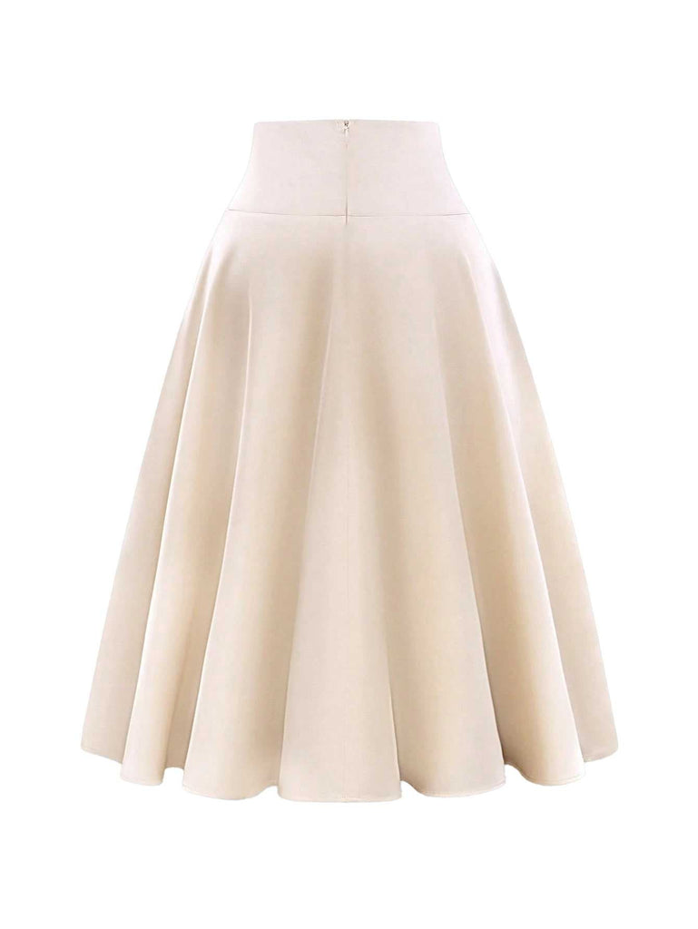 Jupe trapèze en satin beige avec nœud papillon des années 1970