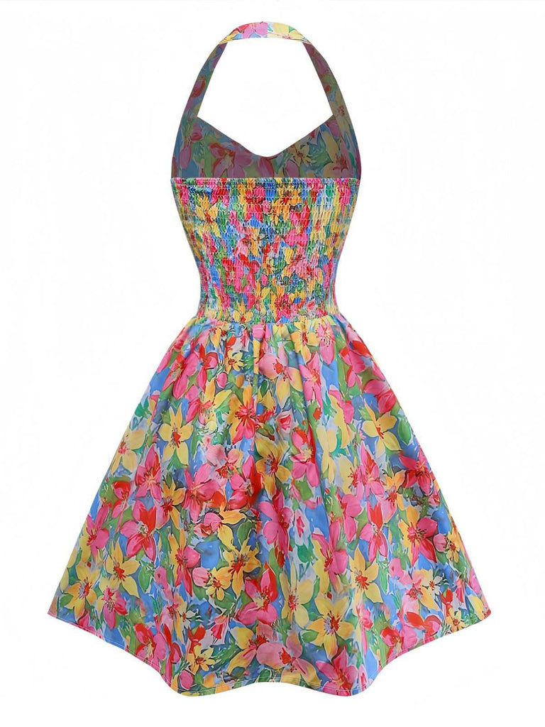 Robe Multicolore Halter Fleurs Nœud Cœur Années 1960