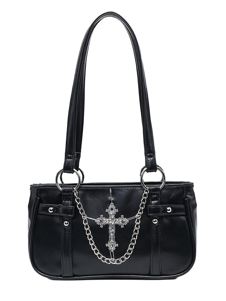 Sac à bandoulière vintage noir avec chaîne croisée