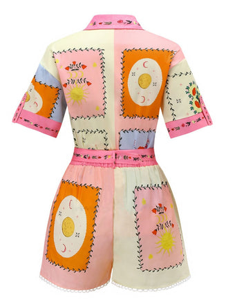 2PCS Chemise et short ceinturé fleuri bohème multicolore des années 1970