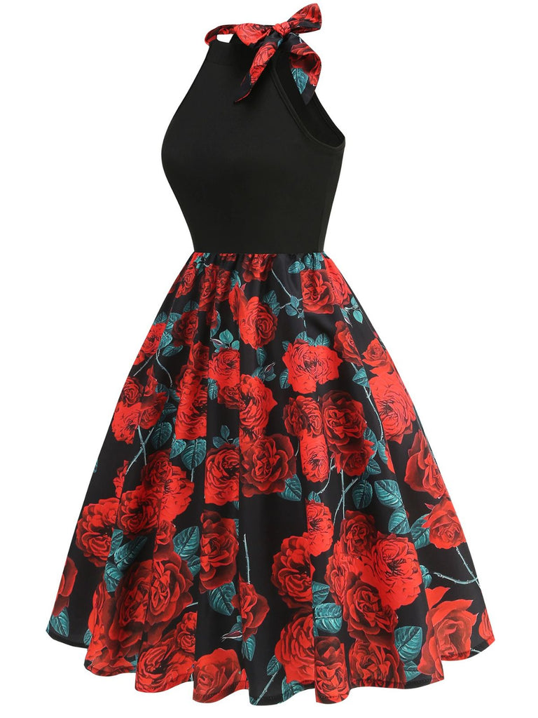Robe dos nu patchwork col rond et nœud roses rouges des années 1950