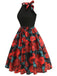 Robe dos nu patchwork col rond et nœud roses rouges des années 1950
