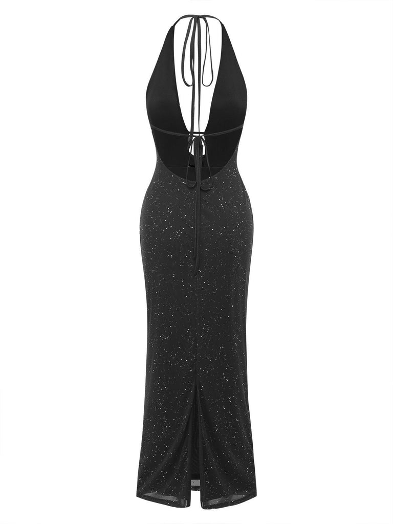 Robe maxi fendue licou pailletée dos nu col cowl 1980s