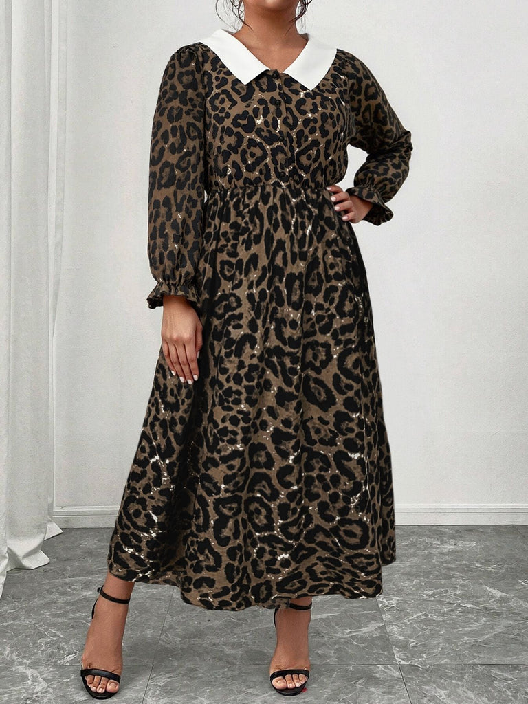 [Grande taille] Robe léopard à manches longues à revers années 1970