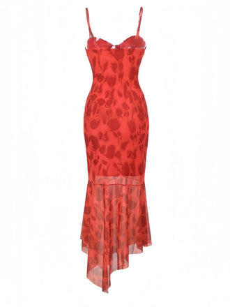 Robe rouge fleurs à bretelles spaghetti des années 1930