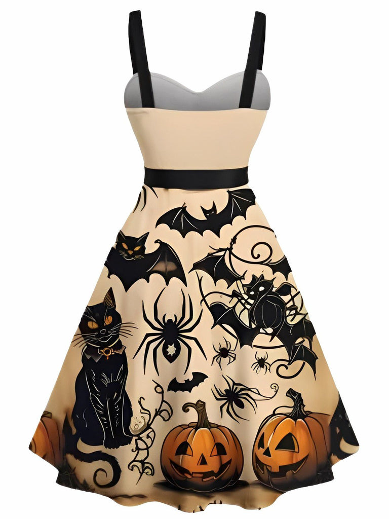 [Prévente] Robe trapèze orange imprimé citrouille et chat noir Halloween années 1950